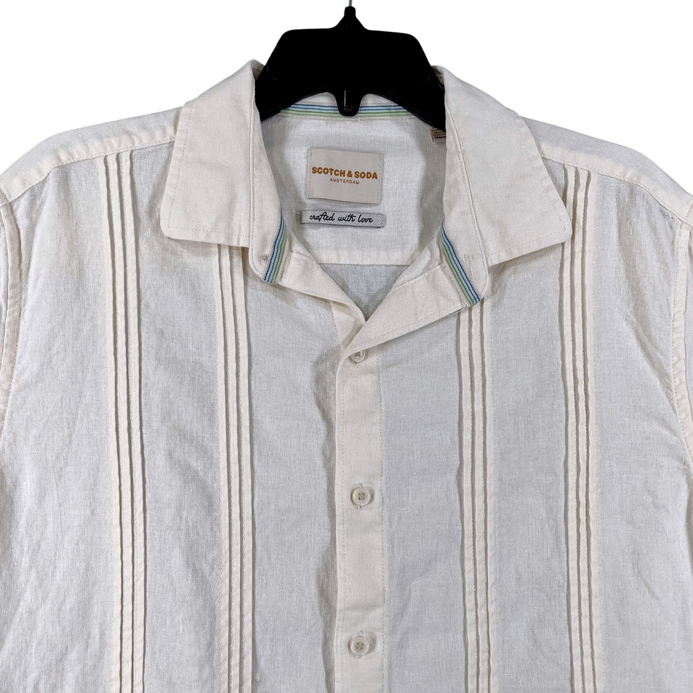 Scotch & Soda Shirt Mens L Cream Pintuck Linen Blend Camp Collar Short Sleeve